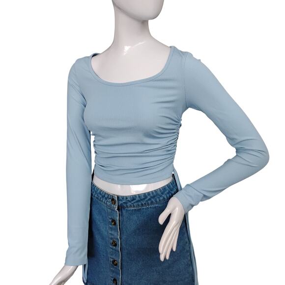 Shein Ribbed Blouse Size Small Blue Long Sleeve Ruched Sides Wide Round Neck - Picture 1 of 6